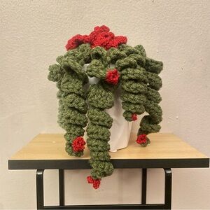 LD Yarn Creations Handmade Green & Red Crocheted Plant Décor – Approx 6” Tall